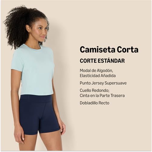 Amazon Essentials Suave y Ligera Camiseta Deportiva Corta de Algodón con Cuello Redondo y Manga Corta para Entrenamiento y Yoga Mujer, Azul Claro, M