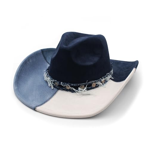 Wotfim Suede Denim Cowboy Hat for Women Man Wide Brim Cowboy Hat with Chinstraps Western Cowgirl Hat for Party Costume Dress Up-133-Navy Blue