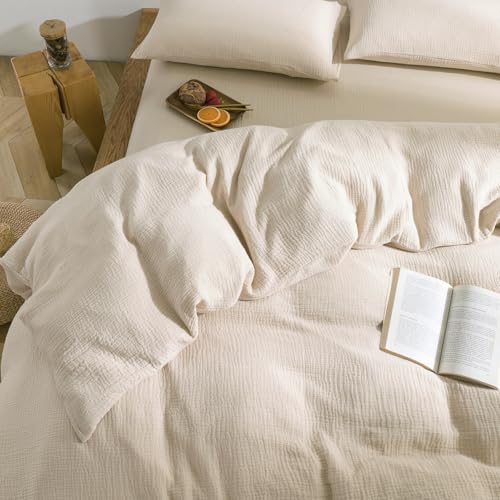 Image of VM VOUGEMARKET Beige Duvet Cover Queen Size - 3 Pieces Muslin Cotton 3-Layer Guaze Textured Bedding Set,Includes 1 Duvet Cover 90x90 Inches with Zipper Closure & 2 Pillowcases