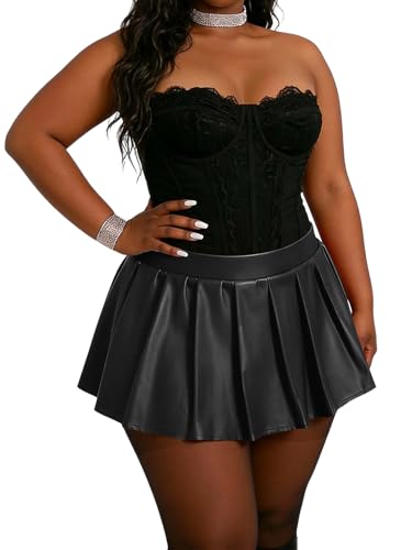Moon Wood Womens Plus Size Pleated Faux Leather Skirt High Waisted A-Line Mini Skirt with Pockets for Concert Night Out Black