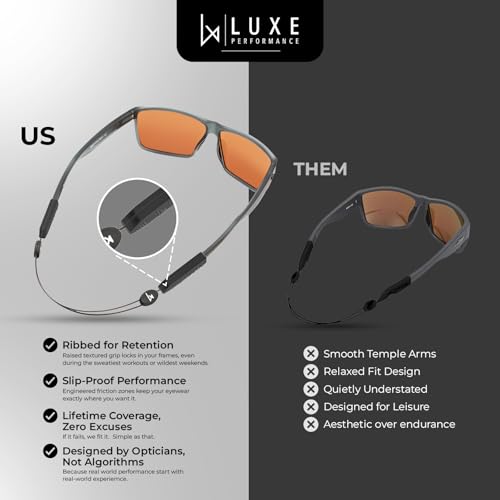 Luxe Performance Glasses Strap - Durable Eyewear Retainer, Sunglasses Holder, Eyeglasses Strap - Adjustable Cable for Active Lifestyle, High Tension, No Tail, Temple Grip