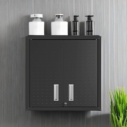 Image of Manhattan Comfort Fortress Floating Garage Storage Cabinet with Adjustable Shelves and Lock, Recessed Handles, Metal Wall Mounted Lockable Utility Cabinet, Steel Garage Storage in Charcoal Gray
