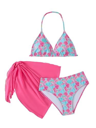 Image of SEGT Girl's 3 Piece Striped Bikini Swimwear Cute Swimsuits Bathing Suit High Waisted with Cover Up Beach Skirt