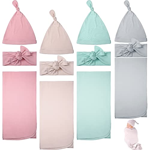 Image of 4 Set Newborn Swaddle and Hat Set Large Soft Stretchy Receiving Blanket Wrap Baby Nursery Swaddle with Bow Decor Newborn Hat (Light Green, Gray, Pink, Light Khaki)