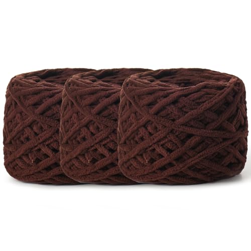 Image of 3 Pack Fluffy Chenille Chunky Yarn for Crocheting 100g(65.6yd) - Baby Yarn for Crocheting Soft - Velvet Yarns for Crochet Blanket - Amigurumi Crochet Yarns(Coffee