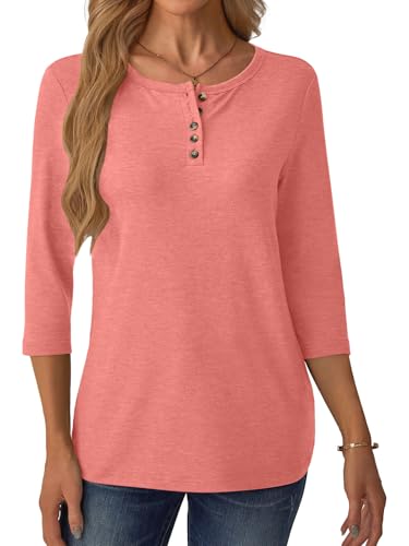 GKBK 3/4 Sleeve Womens Tops Fall Clothes Henley Casual Spring Summer Lightweight Basic Tunic Shirts Coral — view 4