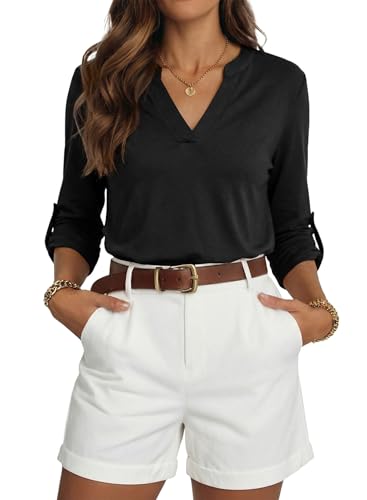 Image of Dokotoo Womens Tops Plaid Cotton Cuffed 3 /4 Sleeve Shirts Blouses