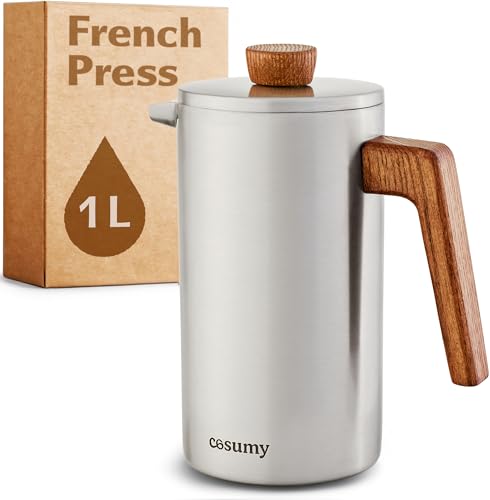 Cosumy French Press 1L tillverkad av rostfritt stål och hållbar ek - För 5 koppar - 2 extra filter - Dubbelväggig isolering Franska pressar