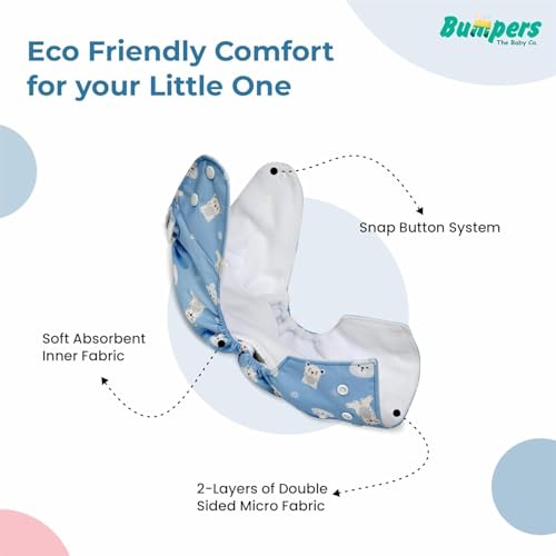 Image of Bumpers Premium & Ultra Soft Reusable Cloth Diaper with Insert Pad | Extra Absorbant, Washable, Waterproof & Adjustable Cloth Diaper for Babies /Kids, 3M-3Years (Pack of 1, Free Size, Sea Blue)