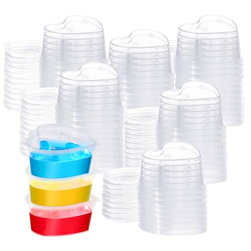 ISKYBOB 100Pcs 2oz Heart Shaped Jello Shot Cups with Lids Disposable Plastic Heart Shape Storage Containers for Sauce Condiment Leakproof Small Portion Cups for DIY Slime Liquid Foam Ball Soft Clay