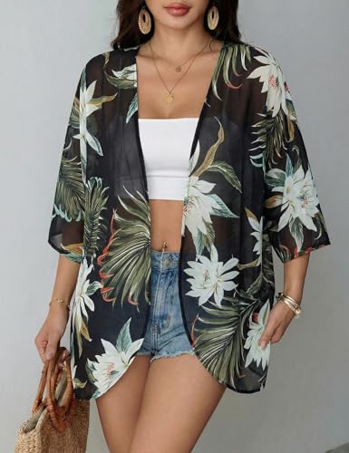 Image of Chunoy Women Floral Beach Wear Cover Up Chiffon Kimono Cardigan Open Front Blouse Top