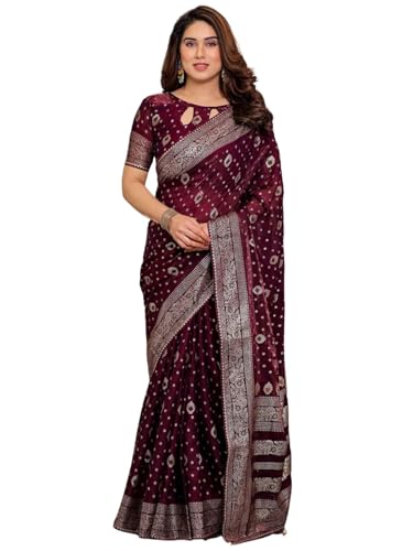 Image of ALMAARI FASHION Fendy Satin Foil Print Floral Saree with Tassels, Traditional Butti Motifs, 5.5m with 0.8m Blouse (FOIL 102 WINE H)