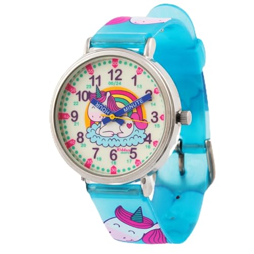 Kiddus Educational Kids Watch for Children Boys and Girls. Analogue Time Teacher Wristwatch with Exercises. Unicorn w Handles Written. Fluorescent