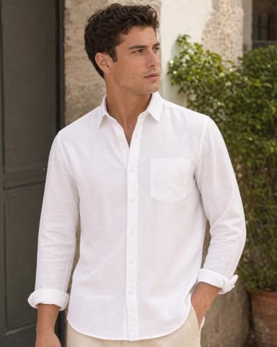 Image of Nobero Breezy Premium Linen Cotton Shirt for Men | Stylish Casual Shirts for Men | Semi Cut Collar | Box Pleat | Curved Hem | Regular Fit | Full Sleeve | S-XXXL