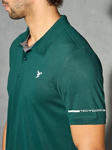 Image of TECHNOSPORT Men's Solid Slim Fit Polo Collar T-Shirt TECHNOCOOL+ Half Sleeve Button Polyester for Gym Running Workout UPF50+ Anti Odour