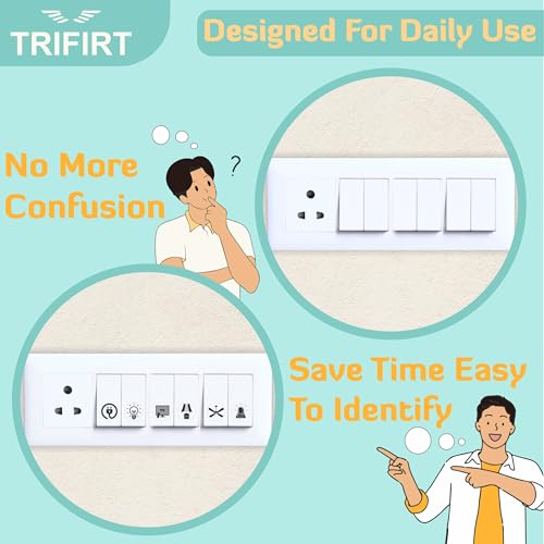 Image of TRIFIRT Switch Board Stickers for Home and Office - 41 Icons 450 Pcs Self Adhesive, Modern Electric White Switch Board Covers, Transparent Stickers for Switches, Lightbulb, Fan, AC, Stickers 1.5 cm
