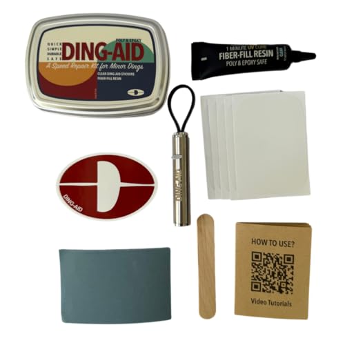 DING-AID Surfboard Repair Kit with Ding Tape - Fiberglass UV Resin Repair Film Sandpaper & UV Light for Epoxy & PU Boards Kayaks SUP Gelcoat | Ding Repair Kit for All Skill Levels