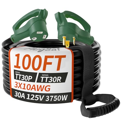 PlugSaf 100 FT 30 Amp RV Extension Cord Outdoor with Grip Handle, Flexible Heavy Duty 10/3 Gauge STW...