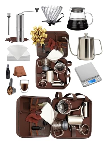 DOPPIO Complete V60 Pour Over Coffee Maker Set All-in-One Home & Travel Barista Kit with Grinder Kettle Scale & Carry Case