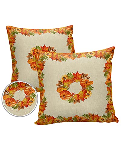 Thanksgiving Outdoor Pillow Shams Set of 2, Decorative Pillowcases Cushion Case, Soft Throw Pillow Covers Waterproof Pillow Case 26x26 Inch, Fall Farm Pumpkin Maple Leaves