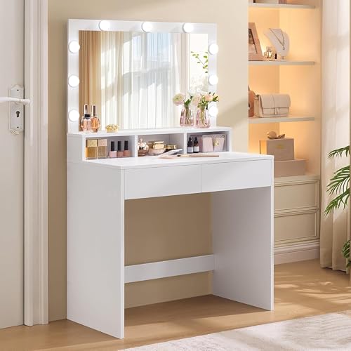 VASAGLE Kailyn Colección - Tocador, Mesa de Maquillaje con Espejo y Luces LED, Luz Ajustable en 3 Colores, 2 Cajones y 3 Compartimentos, Moderno, Blanco Nube RDT120WB01