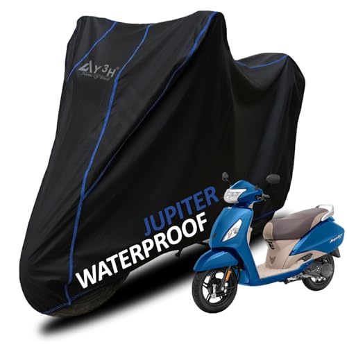 Image of Bike Body Cover TVS Jupiter Full Body Cover with Waterproof, Dust Proof, UV Rays Protective, Tripple Stitching & Lightweight Two Wheeler Covers - Black with Waterproof Blue Piping