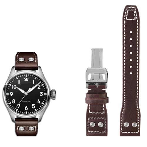 Bracelet montre cuir marron 22mm rivets acier boucle argentée pour Big Pilot