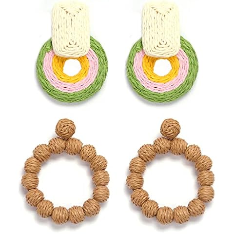 MOROYA 2 Pairs Rattan Earrings Handmade Braid Straw Raffia Ball Hoop Dangle Earrings for Women Summer Beach Boho Earrings Set Bohemian Statement Jewelry Cover