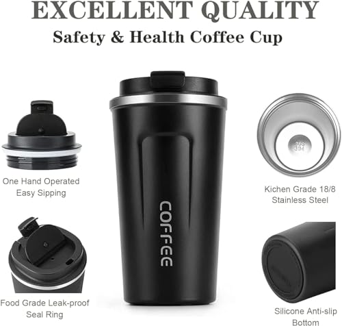 Image of Stainless Steel Travel Coffee Mug 500ml Vacuum Insulated Thermal Tumbler with Leakproof Flip Lid Spill Proof Double Wall Hot and Cold Coffee Cup for Office Car Travel Reusable Drink Mug Black