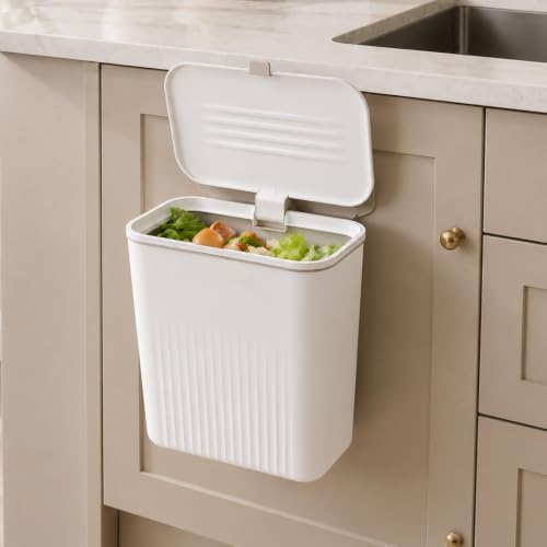 Image of HomeEssentials Plastic Kitchen Dustbin - Modern Lightweight Hanging Garbage Bin for Home, Office / 9 Liters, White /Open Top with Handle /Ideal for Kitchen, Bathroom and Cabinet Door (White)