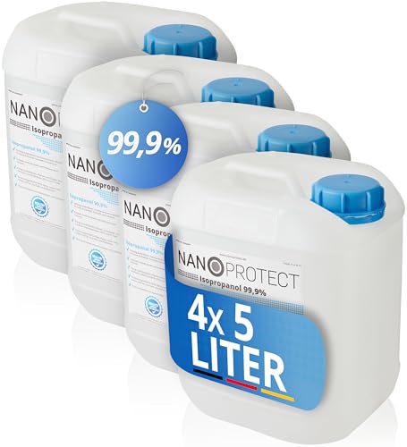 Nanoprotect Isopropanol 99,9% | 5 Liter Reiniger | 4er Set (20 Liter) | Hochprozentiger Isopropylalkohol | IPA Reinigungsalkohol für Haushalt und Elektronik | Made in Germany