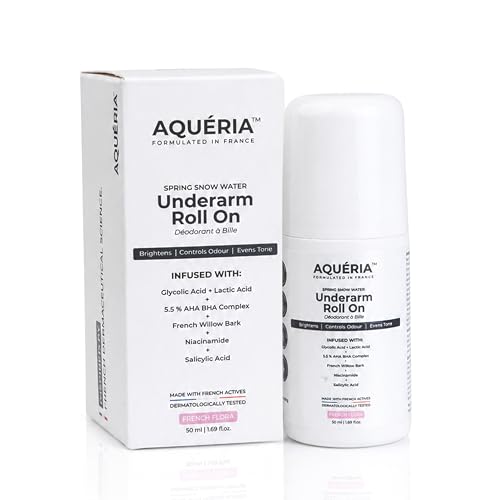 Image of Aqueria 5.5% AHA BHA French Underarm Brightening Roll On | 48H Odour Control | Flora Fragrance with 2% Niacinamide | Multi Actives, Glycolic Acid, Lactic Acid | Prevents Odor, Kills Bacteria | Exfoliates, Reduces Pigmentation & Discoloration for Even-Toned Underarms | Brightens Skin & Exfoliates Underarm | Alcohol & Aluminium Free | Deodorant for Men & Women | 50ml