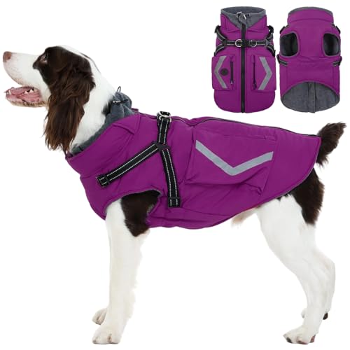 FUAMEY Dog Coat Zipper on Back, Fleece Lined Dogs Jacket for Winter with Harness Built-in, Insulated Clothes Large Doggy Cold Weather Outfits with Pop