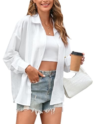 Womens Button Down Shirt Oversized Long Sleeve Gauze Tops Casual Boyfriend Button Up Shirts Dressy Blouse Summer