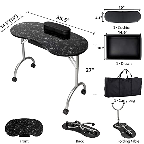 Alohappy Manicure Nail Table, Portable & Foldable Nail Desk Workstation With Large Drawer/Client Wrist Pad/Lockable Rolling Wheels/Carrying Case For Spa Beauty Salon (Black With Flower) #TOP2