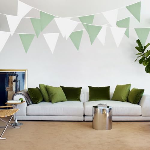 Image of Zwiebeco 39Ft Green White Fabric Bunting Banner Triangle Flags Hanging Cotton Garland Pennant for Spring Tea Party Birthday Wedding Baby Shower Outdoor Garden Decorations 42PCS
