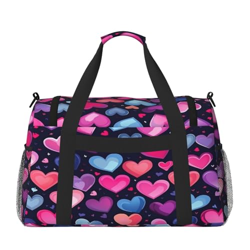 Travel Duffel Bag For Men Women, Colorful Hearts Love Pattern Carry On Sport Gym Bag With Shoulder Strap Lightweight Waterproof Weekender Bag Overnight Bag2