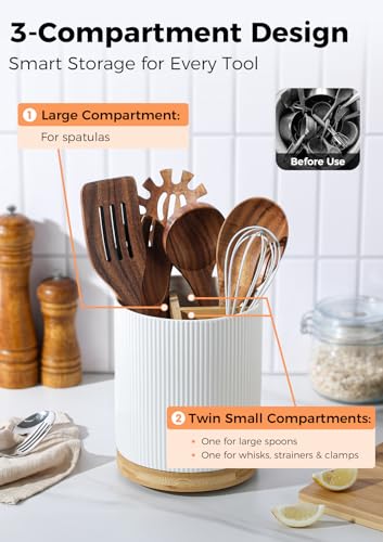 Image of LoeJan 7.5 inch Utensil Holder, 3 Compartment Ceramic Kitchen Utensil Holder with Cork Bottom, Large Utensil Crock for Countertop, Cooking Tool Organizer Set for Kitchen Counter(White,Vertical Stripe)