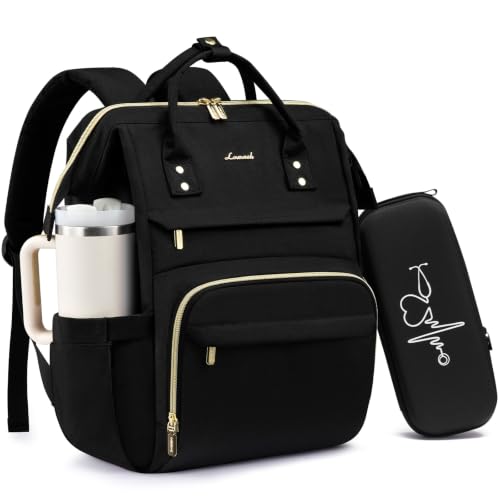 LOVEVOOK Mochila de enfermeira com estojo de estetoscópio, mochila para laptop de 15,6 polegadas para mulheres, mochila de viagem à prova d'água para faculdade, Preto, 15.6-Inch