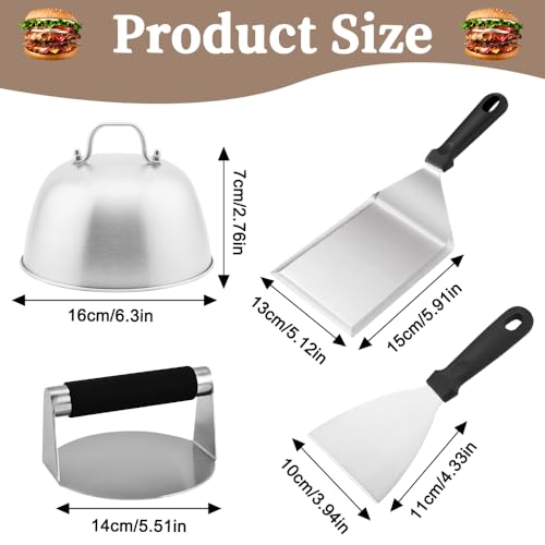 Kinfezlon Burger Smasher Set, Edelstahl Burger Smasher Set, Professionelles Burger Smasher Set, 4-TLG mit 1x Burger Smasher, 1X Burgerglocke, 2X Grillspachtel, Leckere Hamburger, Teppanyaki, BBQ usw