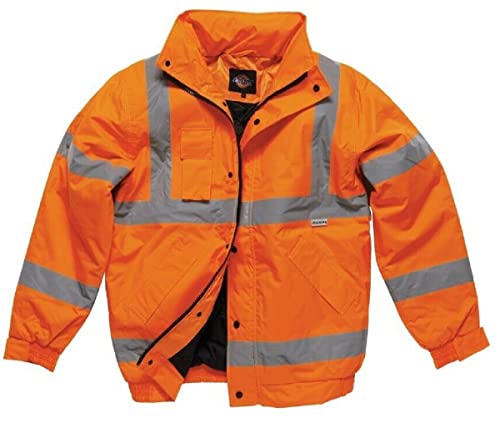Dickies High Visibility Hi Vis Bomber Jacket Waterproof Warm Padded Coat Orange Hood Work S-XXL (Large)