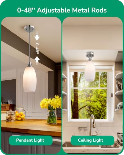 Image of EDISHINE Pendant Light Fixture, Handcrafted Art Glass Hanging Light, Hardwired Ceiling Light, White Marble Glass Shade, Adjustable Brushed Nickel Rods, E26 Base, Pendant Lamp for Kitchen Bathroom Bar