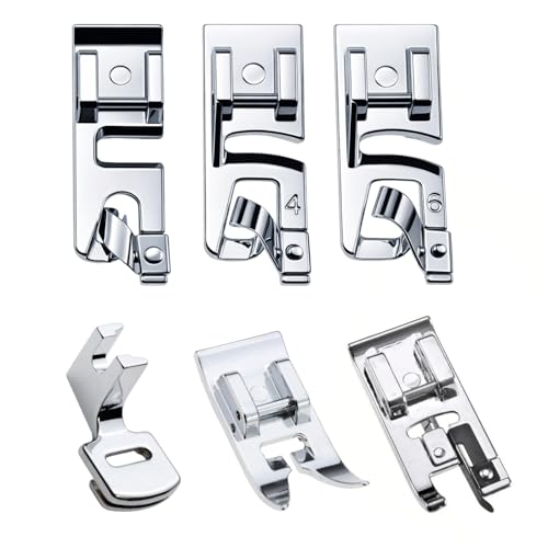 Sewing Machine Presser Foot Kit 6pcs Narrow Rolled Hem Feet 3mm 4mm 6mm Gathering Foot Zigzag Foot and Overlock Foot for All Low Shank Snap on Singer Brother Babylock Janome Sewing Machines