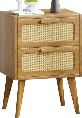 YAUKOMEL Rattan Nachttisch, Holz Beistelltisch mit 2 Hand Made Rattan dekoriert Schubladen, Boho Nachttisch, Beistelltisch Couch mit Lagerung, für...