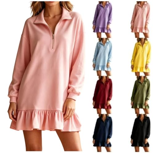 XINGJIAARTS Long Sleeve Mini Dress for Women Fall Half Zip V Neck Sweatshirt Dress Lapel Collar Cute Ruffle Pullover Dresses Pink Small - image 1