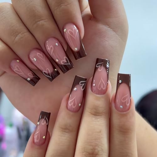 24 Pcs Press on Nails Medium, Brown French Fake Nails with Square Designs, Heart False Nails Light Pink Translucent Acrylic Nails, Glossy Rhinestones Nail Decorations for Women