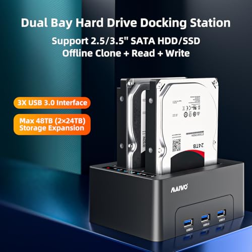 MAIWO Dual Bay Hard Drive Docking Station with Offline Clone for 2.5 3.5 Inch SATA HDD SSD, 3X USB 3.0 Hub Extension, 48TB Capacity, External Hard Drive Duplicator Cloner