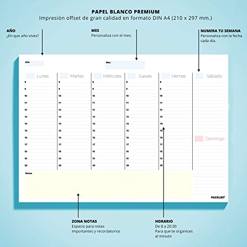 PACKLIST® Spanish Desk Weekly Planner - A4 Agenda with 52 Sheets for Appointments - Perpetual Design Calendar - Image 2