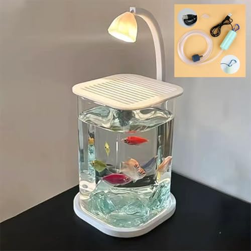 メダカ飼育水槽フルセット（卓上用）：水換え簡単、コンパクト、初心者にやさしい，対応ベタ/金魚/熱帯魚，サイズ W10cm×D10cm×H15cm（約 1.7L），同梱水槽＋酸素ポンプ＋ライト，プレゼント夜光石・小型魚すくい