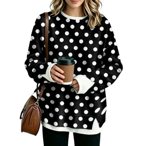 Womens Crew Necks Sweatshirts Waffle Knit Long Sleeves Polka Dot Sweatshirt - image 2